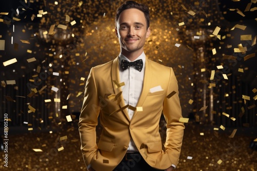 The Golden Celebration: A Dapper Gentleman Amidst a Shower of Glittering Confetti