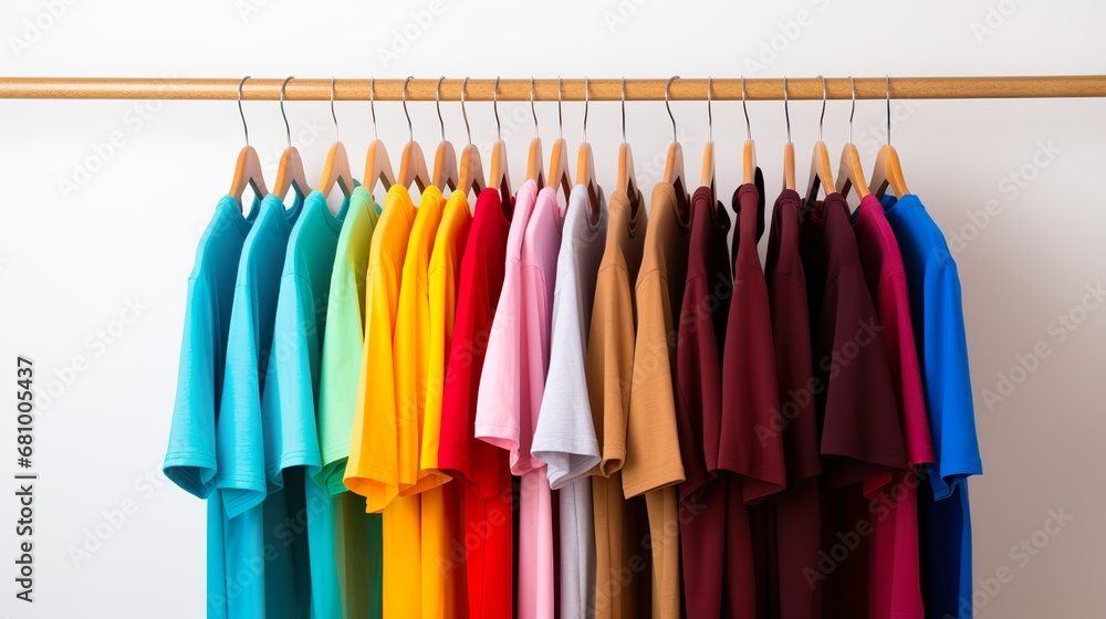 Shirts with different colors on hangers made with Ai generative technology