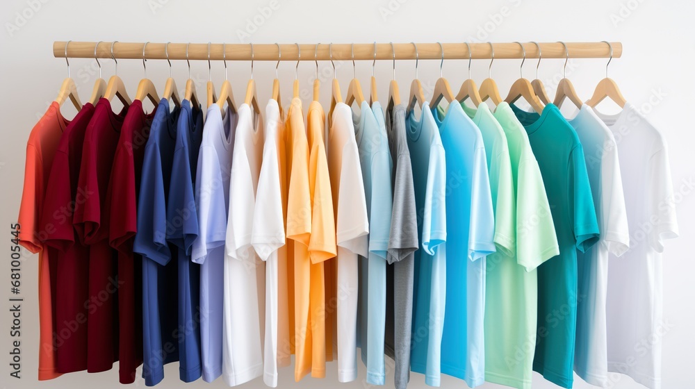 Shirts with different colors on hangers made with Ai generative technology