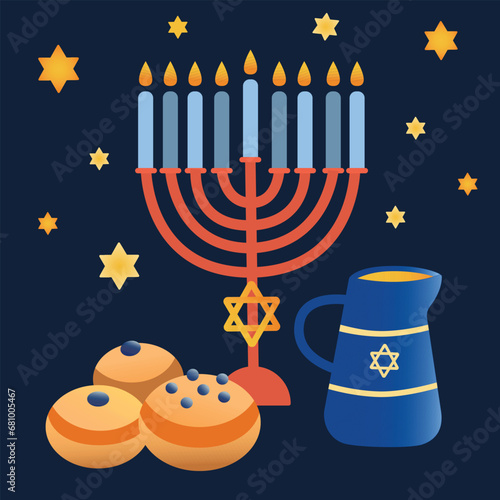 Hanukkah symbols flat vector illustration. Traditional jewish holiday greeting card design. Vector illustration