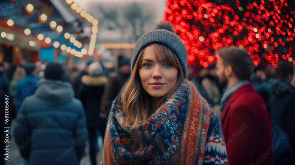 Obraz premium A woman walking down a street wearing a hat and scarf. Generative AI