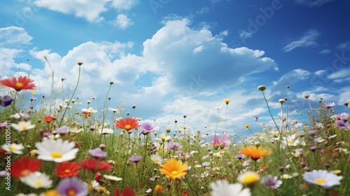 A patch of wildflowers in a meadow under the clear sky. photo