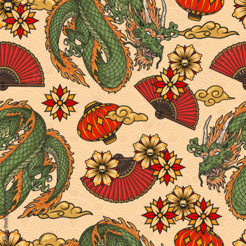 Asian dragons colorful pattern seamless