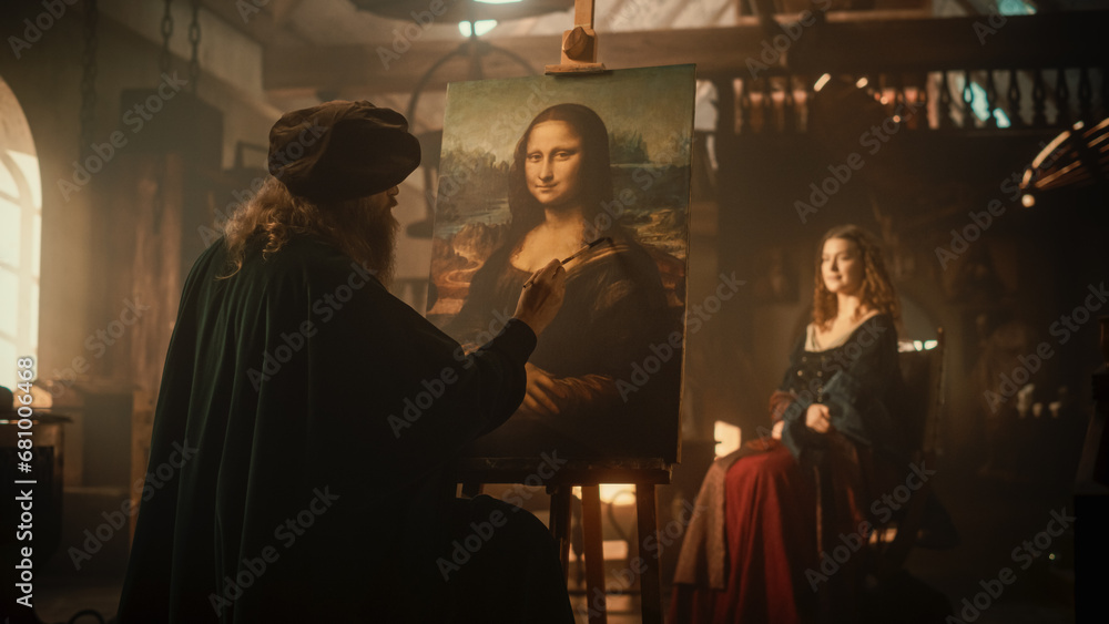 Documentary Shot: Beautiful Model Inspiring Leonardo da Vinci to Paint the Mona Lisa in his Art Studio. Renaissance Era Recreation Footage Full of Inspiration, Talent and Innovation of High Art