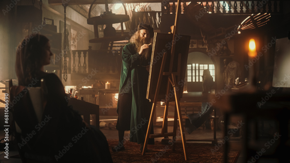 Representation of Historical Era: Wide Portrait of the Genius Leonardo Da Vinci Painting his Muse and Creating a Masterpiece in his Art Workshop. Talented Renaissance Painter Practicing his Craft