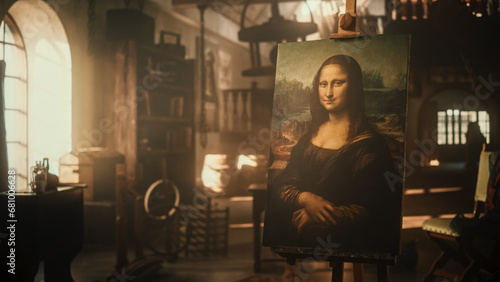 Eternal Beauty Captured on Canvas in Renaissance Art Workshop: The Famous Painting of the Mona Lisa Resting on a Wooden Easel in an Old Antique Studio. High Art and Genius Talent Concept