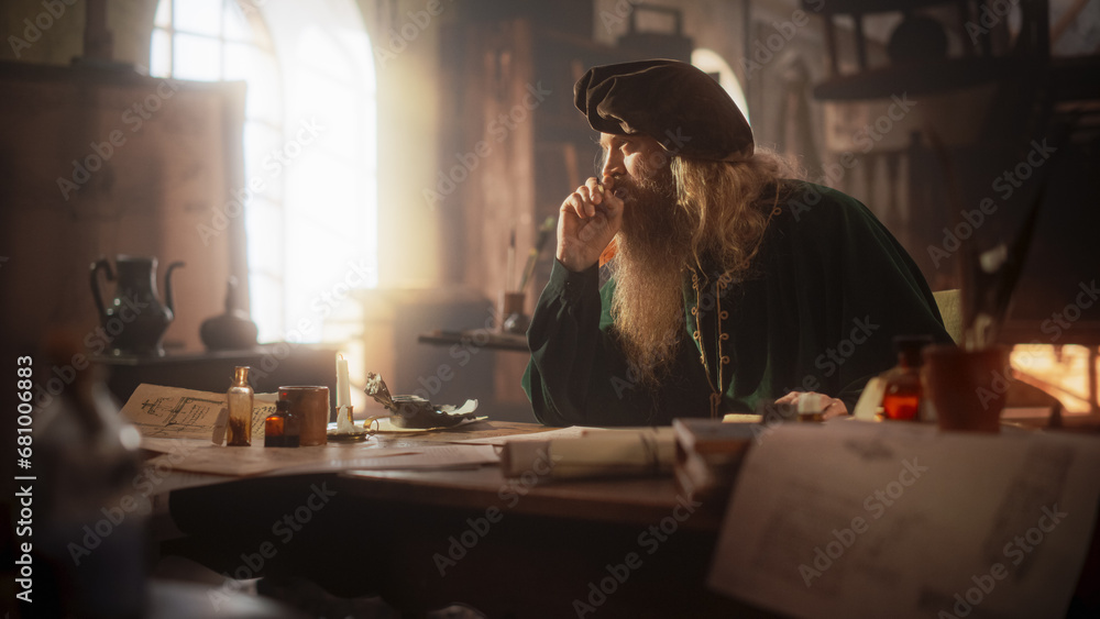 Portrait of an Old Renaissance Male Inventor Writing and Thinking about New Ideas. Dedicated Historian Taking Notes, Writing a Book about the Important and Innovative Eras in the History of Humanity - obrazy, fototapety, plakaty 