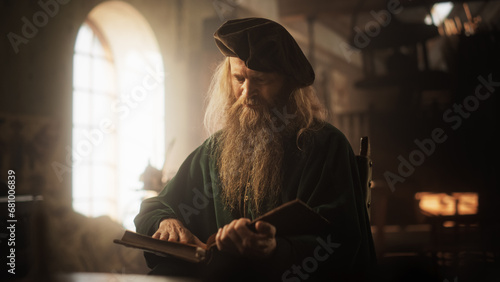Portrait of Old Male Historical Figure Reading a Book then Looking at the Camera with a Smile. Friendly Renaissance Librarian Keeping Treasures of Knowledge and History Safe photo