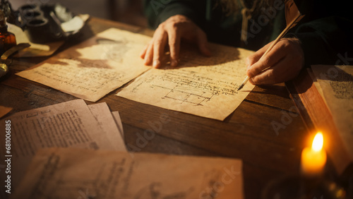 Close Up on Old Renaissance Male Hand Using Ink and Quill to Draw a Blueprint for a New Invention. Dedicated Inventor Working on an Innovative Creation, Writing Notes and Observations
