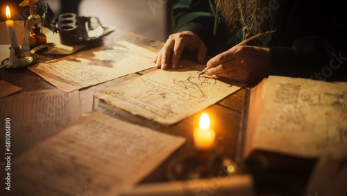 Photos Close Up on Old Renaissance Male Hand Using Ink and Quill to Draw a Blueprint for a New Invention