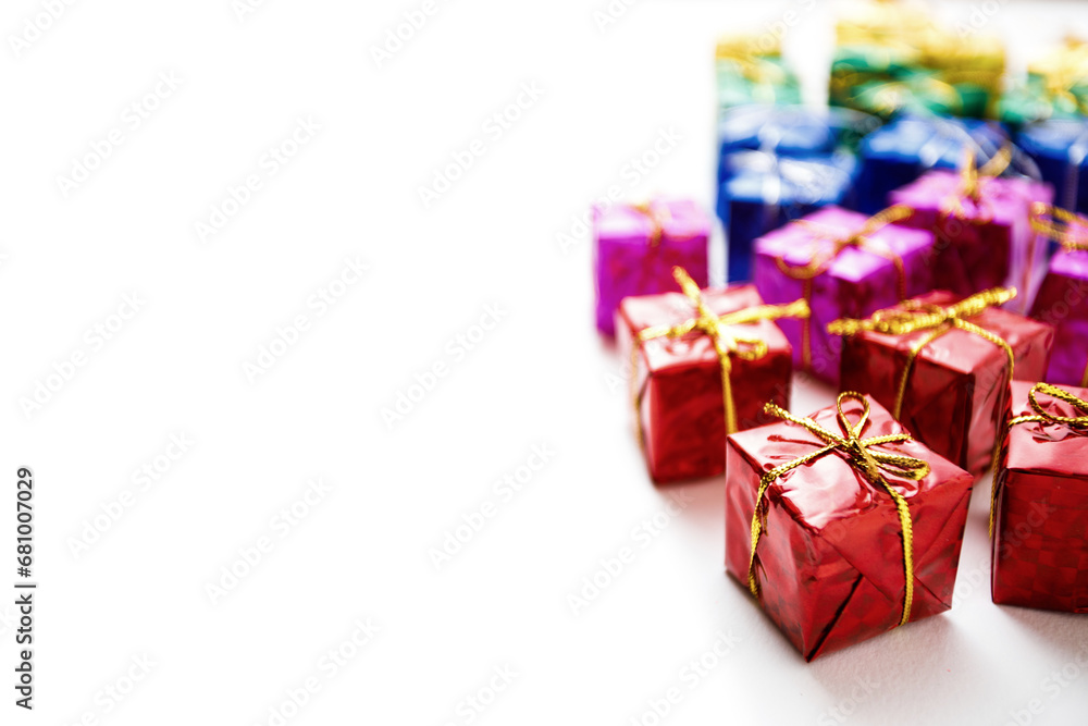 Obraz premium Many colorful gift boxes on white background