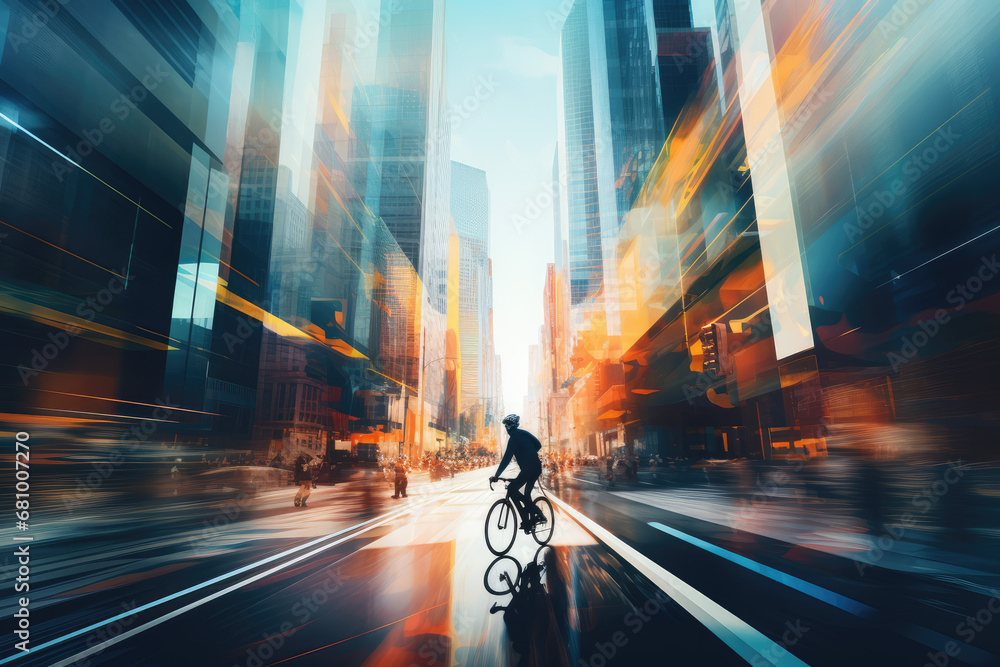 Cyclist riding a bike on a city street in motion blur - obrazy, fototapety, plakaty 