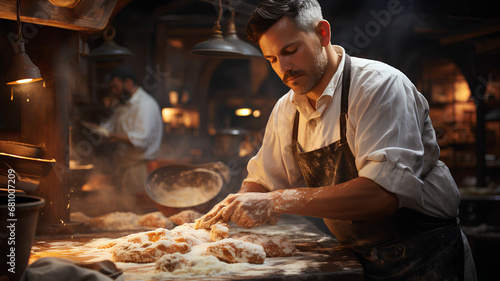Portrait d'un homme boulanger dans une boulangerie/pâtisserie, fabrication du pain frais le matin