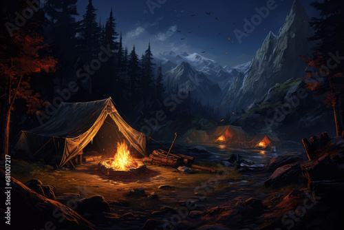 Illustration of a bonfire in the forest at night