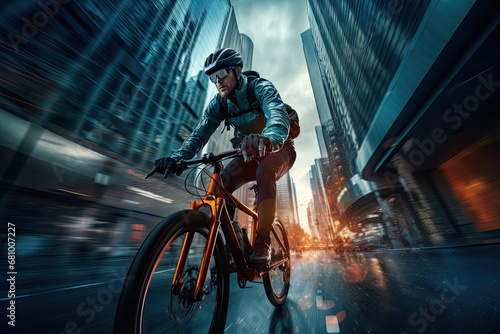 Cyclist riding a bike on a city street in motion blur