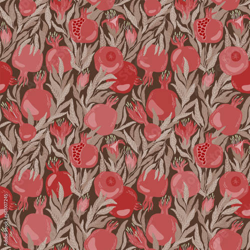 Pomegranate seamless pattern. Leaves, garnet fruit