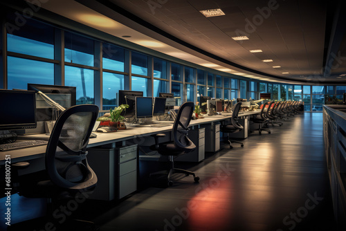 Interior of a modern office with computers and monitors. 3d rendering