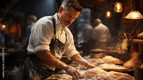 Portrait d'un homme boulanger dans une boulangerie/pâtisserie, fabrication du pain frais le matin photo