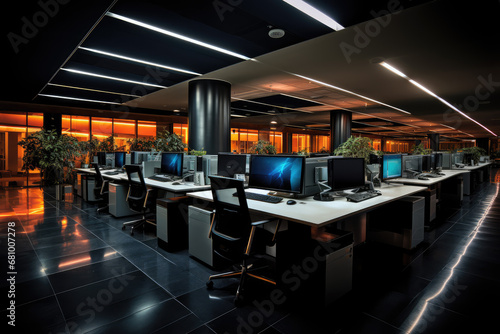 Interior of a modern office with computers and monitors. 3d rendering