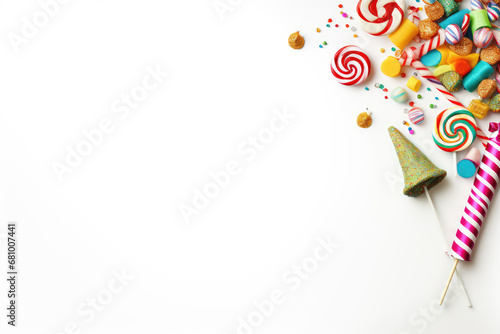 Colorful candies and confetti on white background with copy space