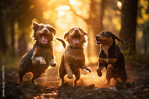 Three happy australian shepherd dogs running in the field at sunset