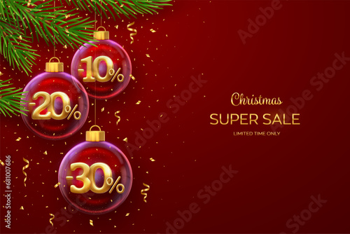 Christmas sale banner. 10, 20, 30 percent Off discount promotion. Realistic golden 10, 20, 30 numbers in a transparent glass balls on red background. Advertising poster, flyer. Vector illustration.
