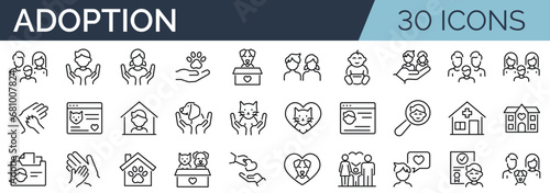 Set of 30 outline icons related to child and pet adoption. Linear icon collection. Editable stroke. Vector illustration photo