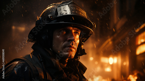 Primo piano di un vigile del fuoco durante un'intervento per spegnere il fuoco in un ambiente urbano di notte con fumo e pioggia
