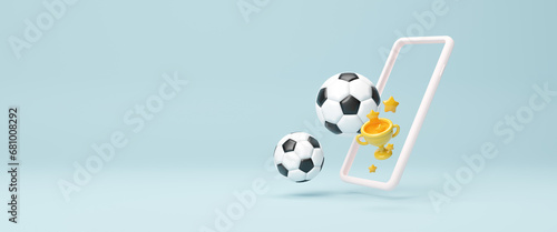Fototapeta Naklejka Na Ścianę i Meble -  Soccer ball with golden trophy with Smartphone, football concept design. Sport online channel. sport application online. soccer channel. soccer competition. Online game or video stream. 3d rendering