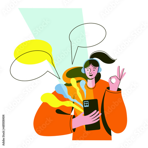 Young girl talking and typing the message on phone. Female teenager chatting