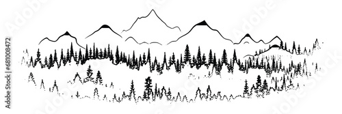 Mountain landscape, minimalism, imitation pencil drawing, vector illustration