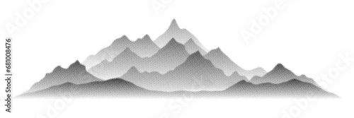 Vector halftone dots background, fading dot effect. Imitation of a mountain landscape, banner, shades of gray. 