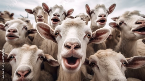 Many goats are looking at the camera. Goats on the farm close-up.