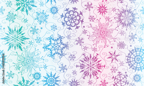 Vector seamless gradient Christmas pattern with snowflakes on the white background