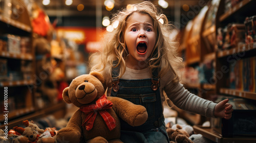 A child is screaming in a toy store.