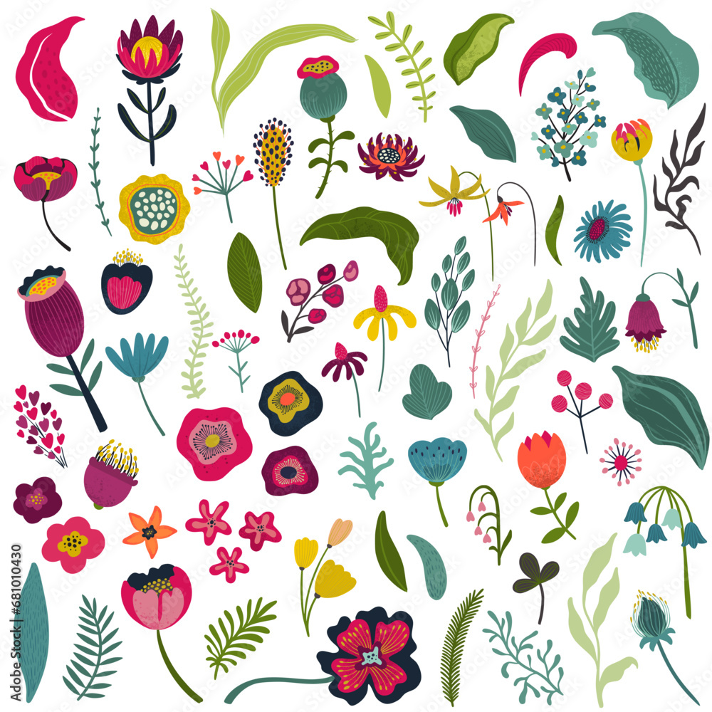 Set of vector flowers and leaves in modern style Set of vector flowers and leaves in modern style