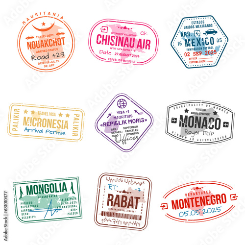 Set of travel visa stamps for passports. Abstract international and immigration office stamps. Arrival and departure customs visa stamps to country. Vector