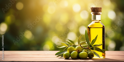 Olive oil bootle, green olives and branch of olive tree on a wooden table, with copy space for text