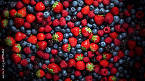 High angle view of pile of mixed fresh and ripe berries like strawberries, blueberries,  raspberries, and blackberry. photo
