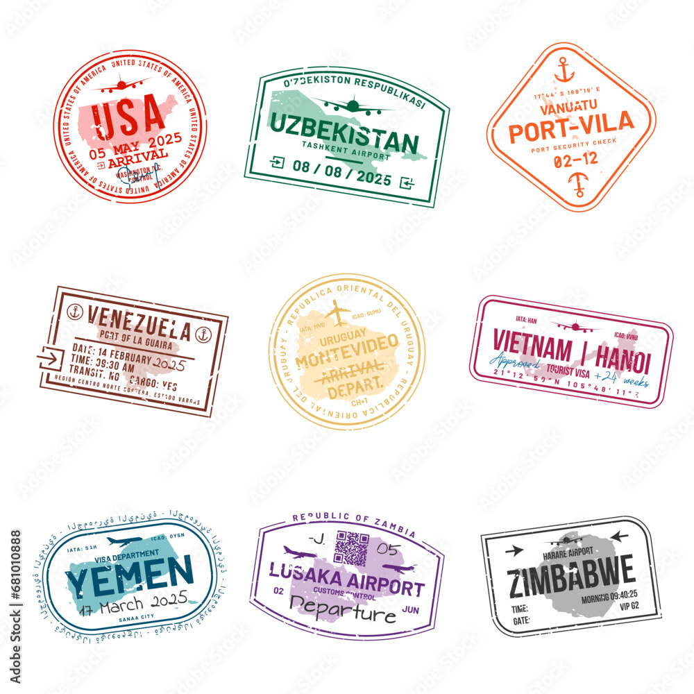 Set of travel visa stamps for passports. Abstract international and immigration office stamps. Arrival and departure customs visa stamps to country. Vector Set of travel visa stamps for passports. Abstract international and immigration office stamps. Arrival and departure customs visa stamps to country. Vector