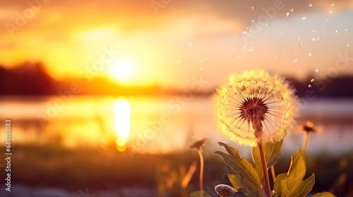 Vintage dandelion flowers in the meadows. Abstract oil painting sunset at flower field in soft golden brown color and blur style with bokeh background.