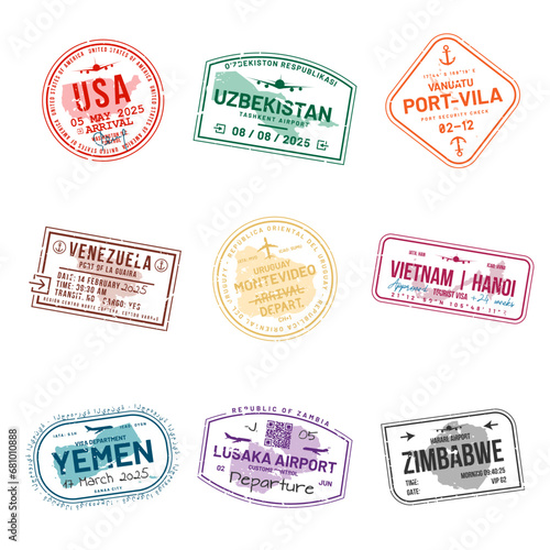Set of travel visa stamps for passports. Abstract international and immigration office stamps. Arrival and departure customs visa stamps to country. Vector © Yevhenii