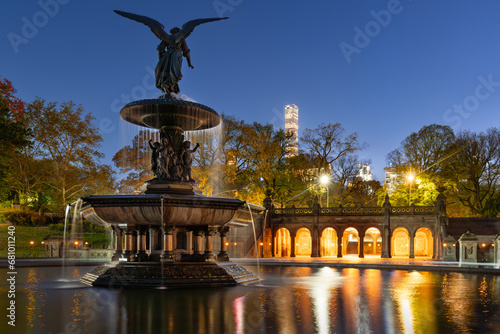 Evening view of Bethesda Terrace and fountain. Central Park, Manhattan, New York City in Fall photo