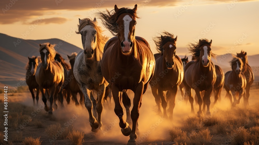 Obraz premium A majestic herd of wild horses galloping freely through