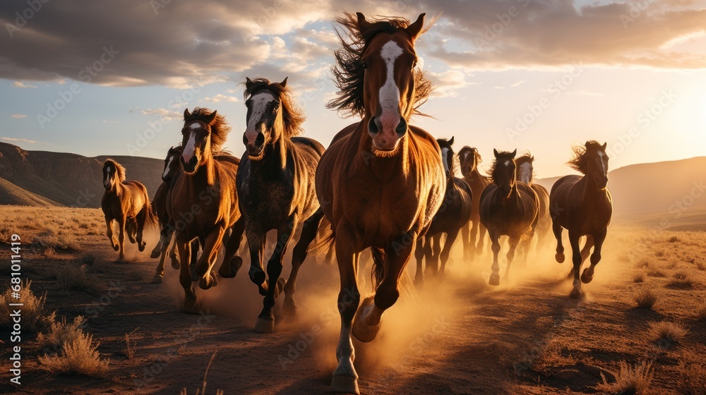 Fototapeta premium A majestic herd of wild horses galloping freely through