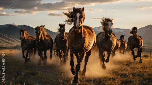 A majestic herd of wild horses galloping freely through