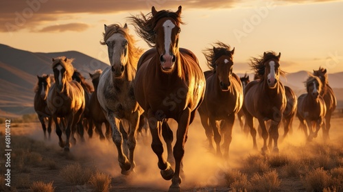 A majestic herd of wild horses galloping freely through © sirisakboakaew