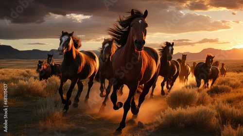 A majestic herd of wild horses galloping freely through © sirisakboakaew