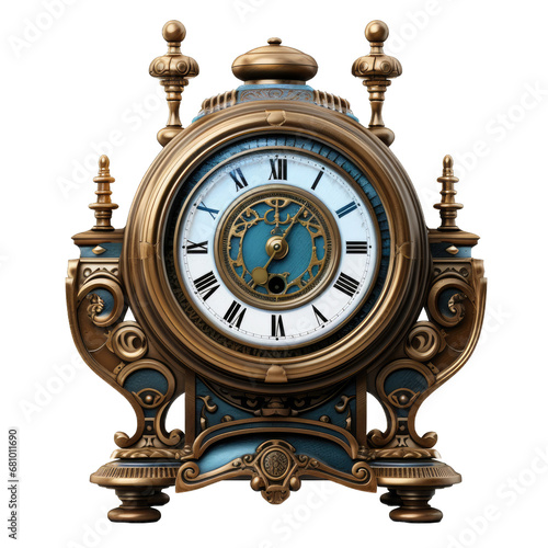Antique clock isolated on transparent background. Vintage clock in Roman numerals