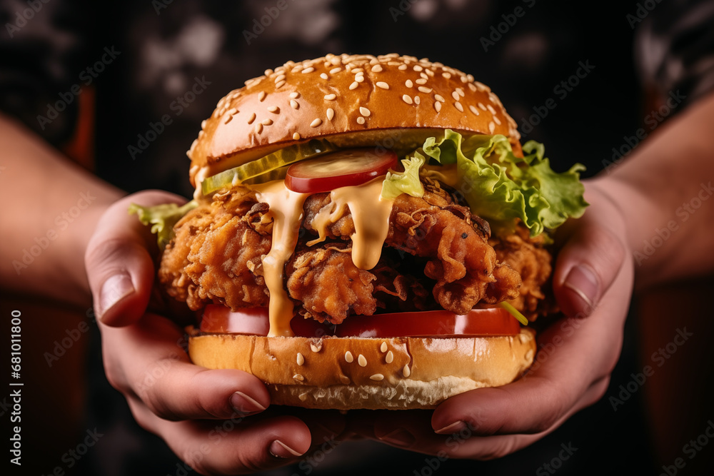 close up a person holding up a chicken burger with a crispy coating, in the style of elaborate detailing - obrazy, fototapety, plakaty 